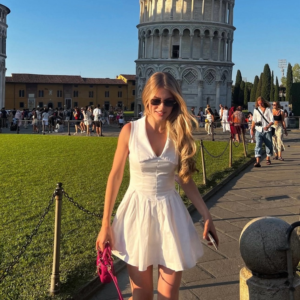 Zara White Short Dress with Pleated Collar